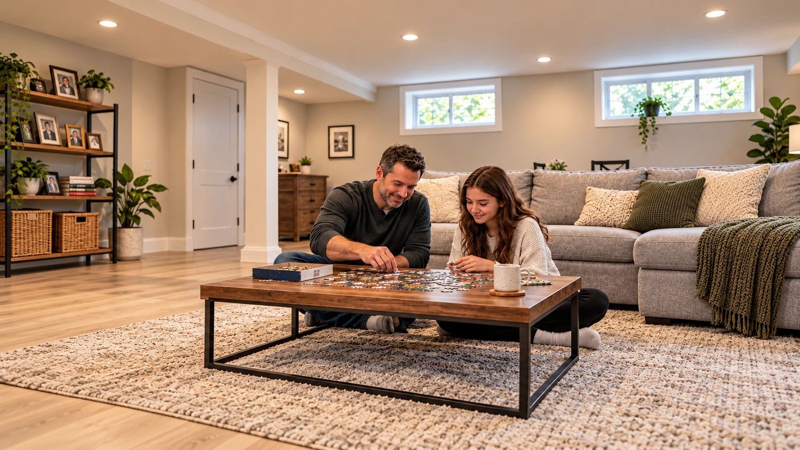 Father and daughter doing a jigsaw puzzle at the coffee table in a bright, uncluttered finished basement