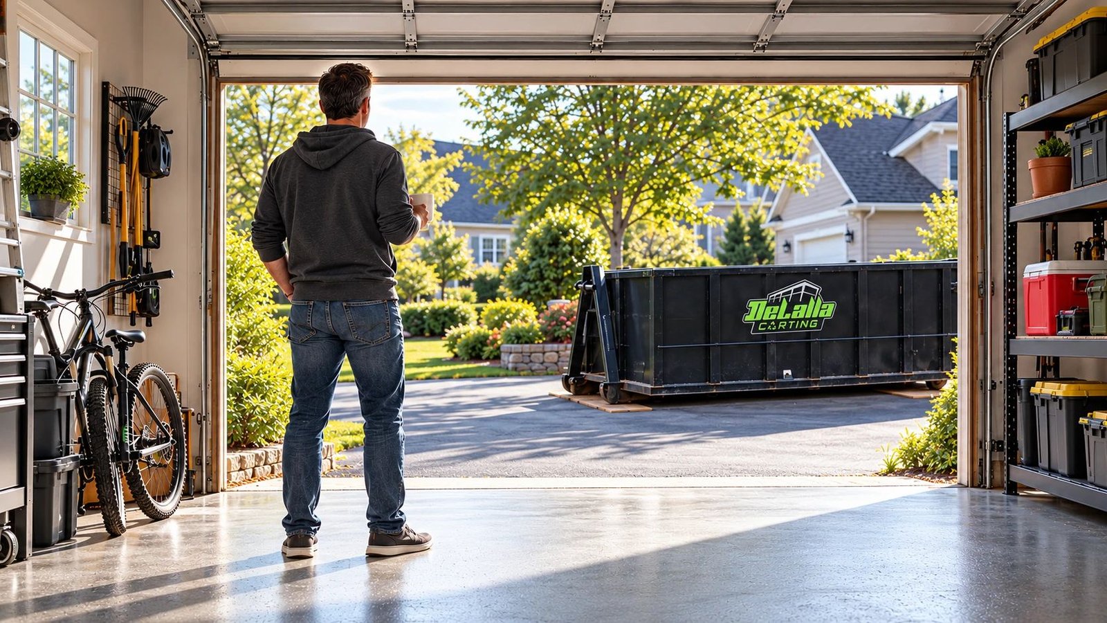 Homeowner with a coffee standing in a clean, organized garage, looking out at a DeLalla Carting roll-off dumpster on driveway boards
