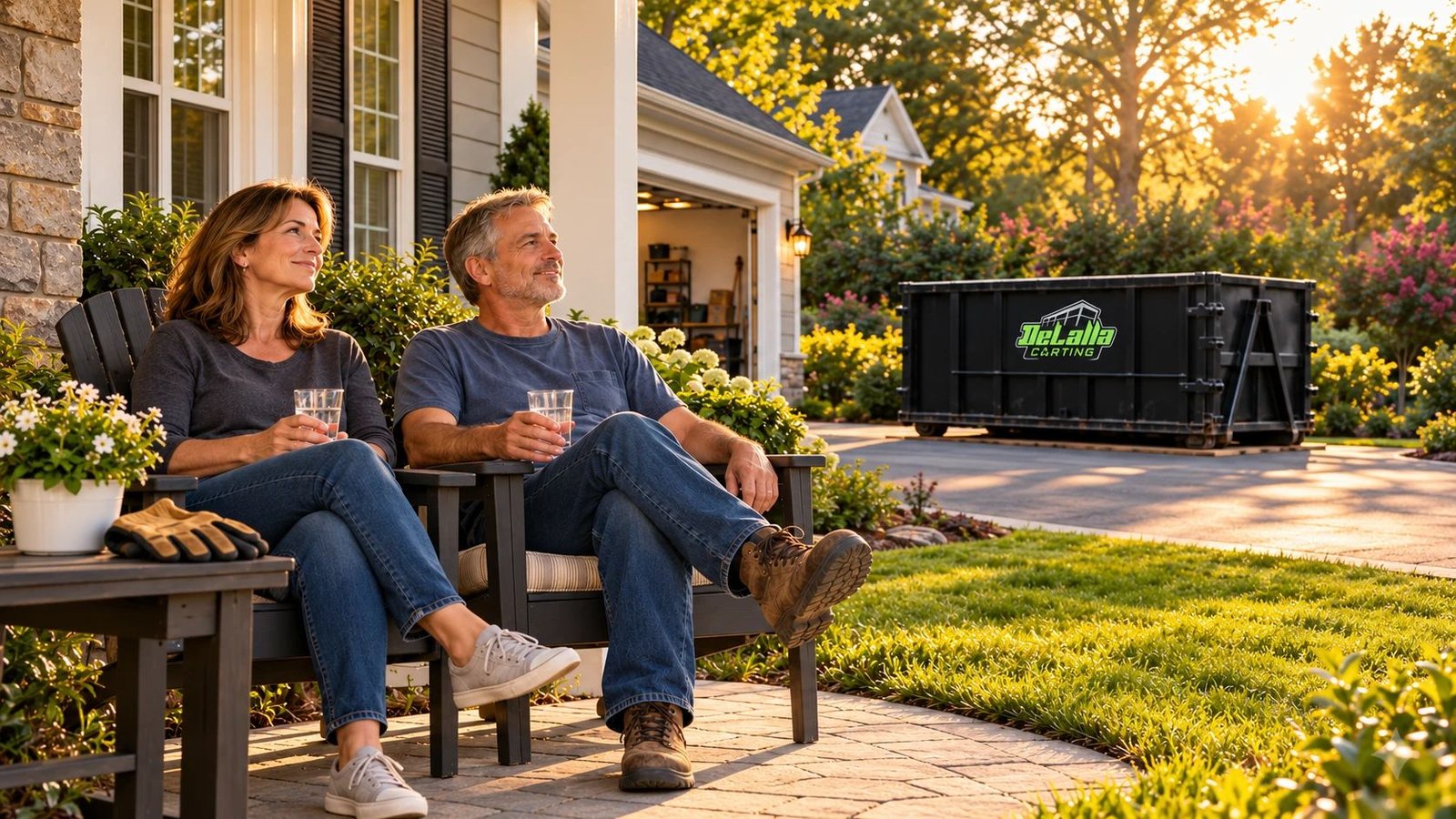Couple relaxing on their front porch at sunset after a cleanout, a DeLalla Carting roll-off dumpster on driveway boards behind them